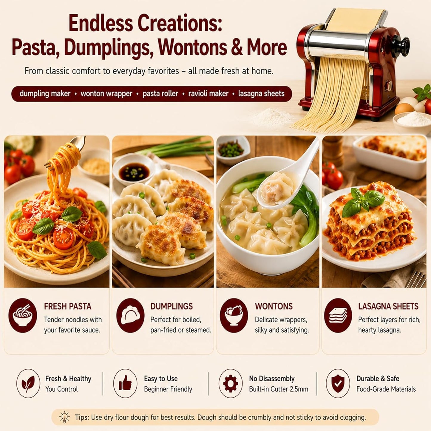 Electric Pasta Maker Machine, 135W Commercial Dough Sheeter with 2.5mm Blade, Adjustable 0.3-4mm Thickness, for Pasta, Dumplings – Restaurant & Home Use