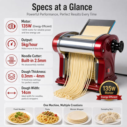 Electric Pasta Maker Machine, 135W Commercial Dough Sheeter with 2.5mm Blade, Adjustable 0.3-4mm Thickness, for Pasta, Dumplings – Restaurant & Home Use