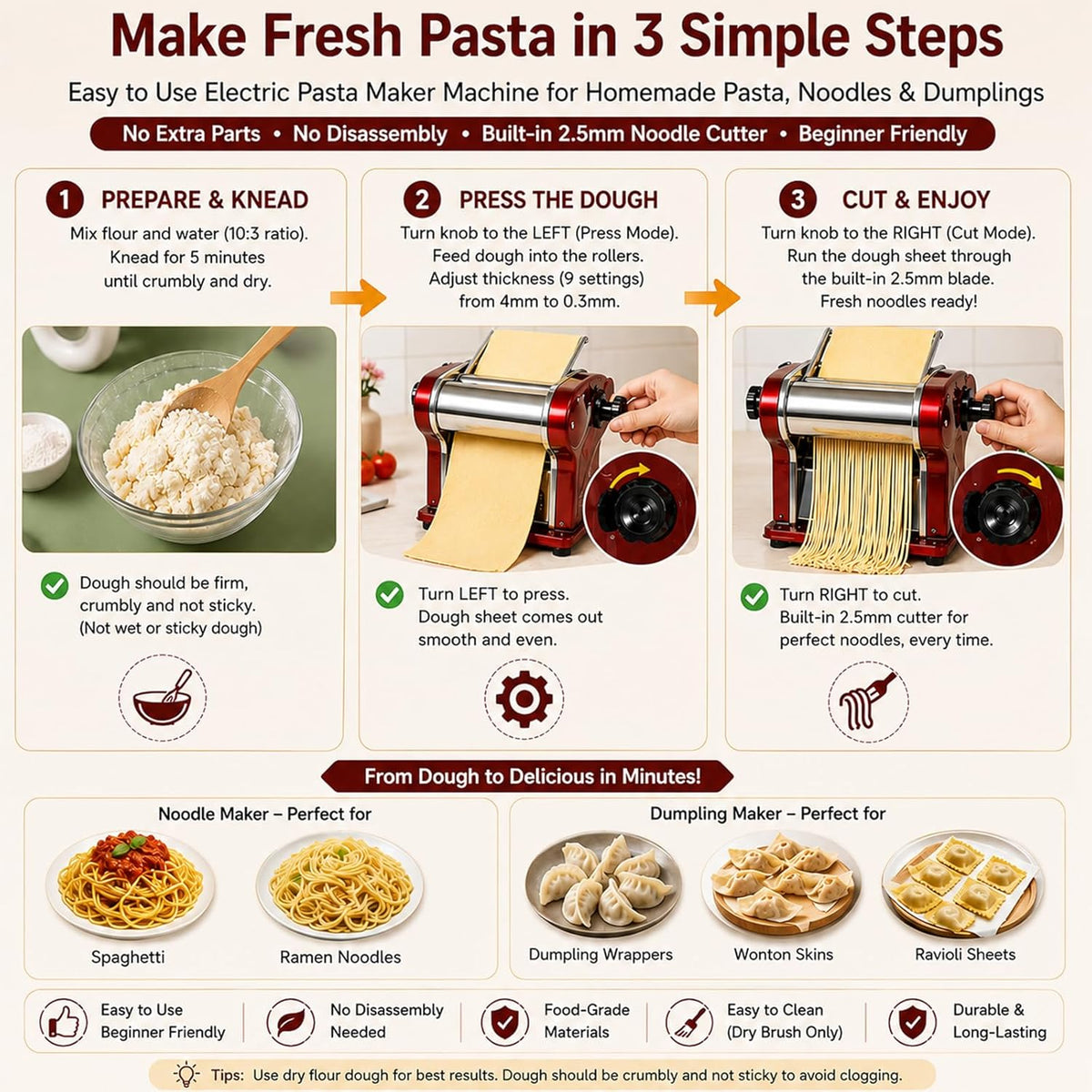 Electric Pasta Maker Machine, 135W Commercial Dough Sheeter with 2.5mm Blade, Adjustable 0.3-4mm Thickness, for Pasta, Dumplings – Restaurant & Home Use