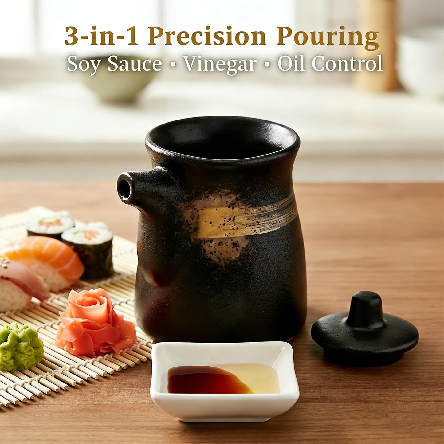 Ceramic Seasoning Bottle, Japanese Style Earthenware Ceramic Oil Dispenser, Olive Oil Dispenser, Sushi Sauce Container, 6.76 fl oz