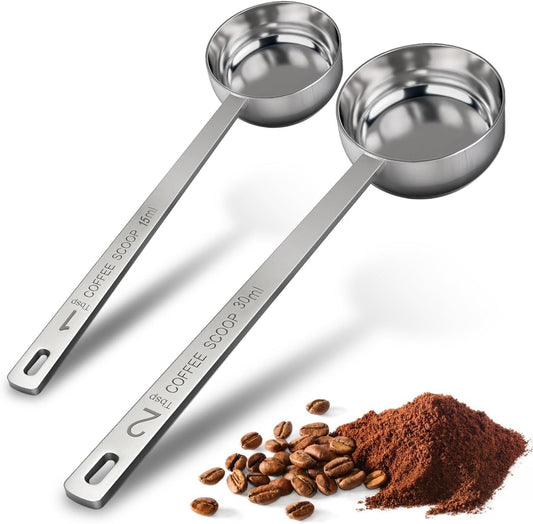 2PCS Stainless Steel Coffee Scoop Set - 1 tbsp (15ml) & 2 tbsp (30ml) Long Handle Ground Coffee Measuring Spoons 1&2 Tablespoon Scoop for Tea, Spices, Protein Powder, Kitchen & Barista Tools