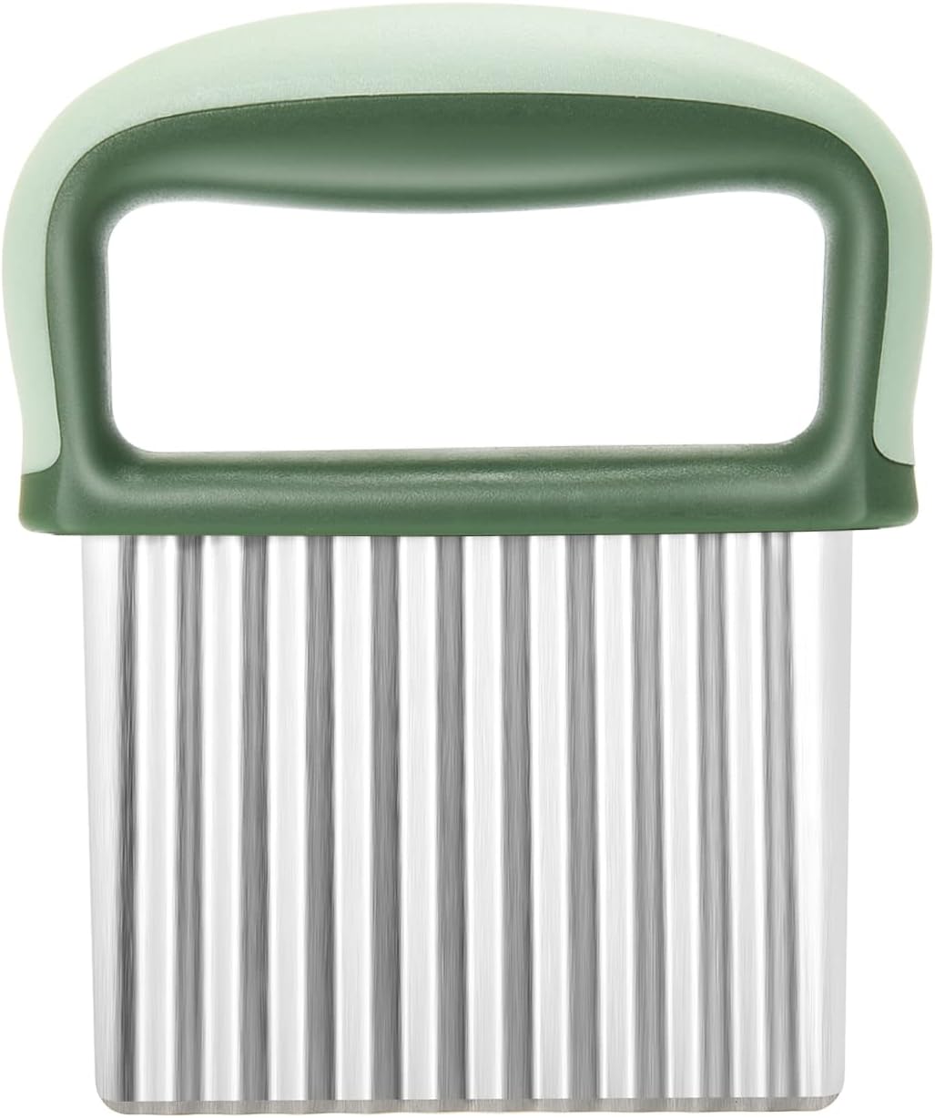 Vegetable Chopper - Stainless Steel Blade Crinkle Cutter/Wavy Knife Veggies French Fry Slicer and Plastic Dough/Cake Scraper,2 piece (Green)