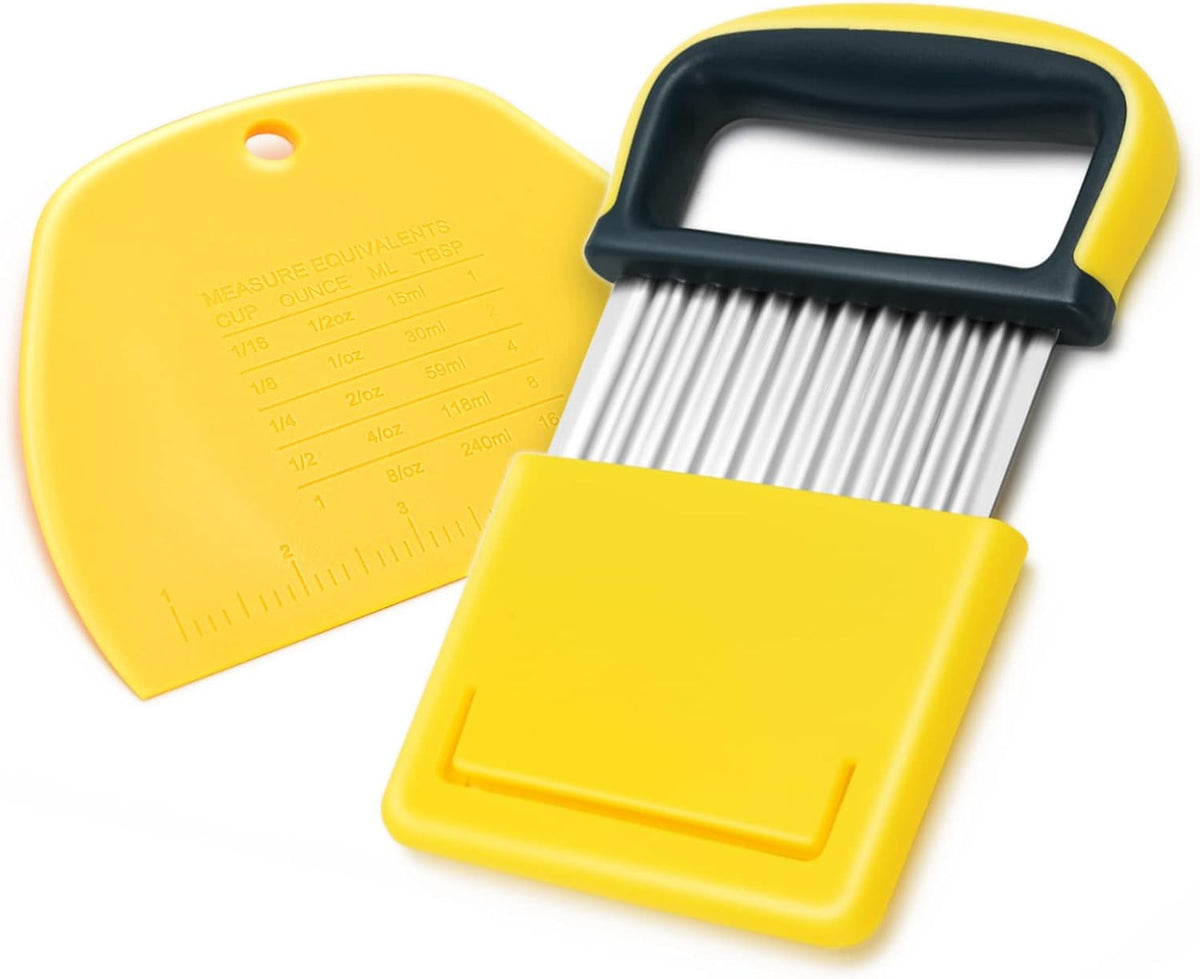 Vegetable Chopper - Stainless Steel Blade Crinkle Cutter/Wavy Knife Veggies French Fry Slicer and Plastic Dough/Cake Scraper,2 piece (Green)