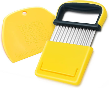 Vegetable Chopper - Stainless Steel Blade Crinkle Cutter/Wavy Knife Veggies French Fry Slicer and Plastic Dough/Cake Scraper,2 piece (Green)