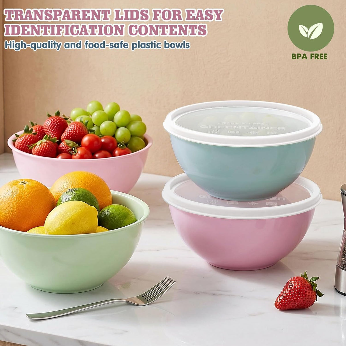 4-Piece Plastic Mixing Bowl Set with Lids for Kitchen, 67oz Lightweight Storage Bowls, Large Salad Bowls for Baking, Prepping, Cooking and Serving Food, Dishwasher & Microwave Safe