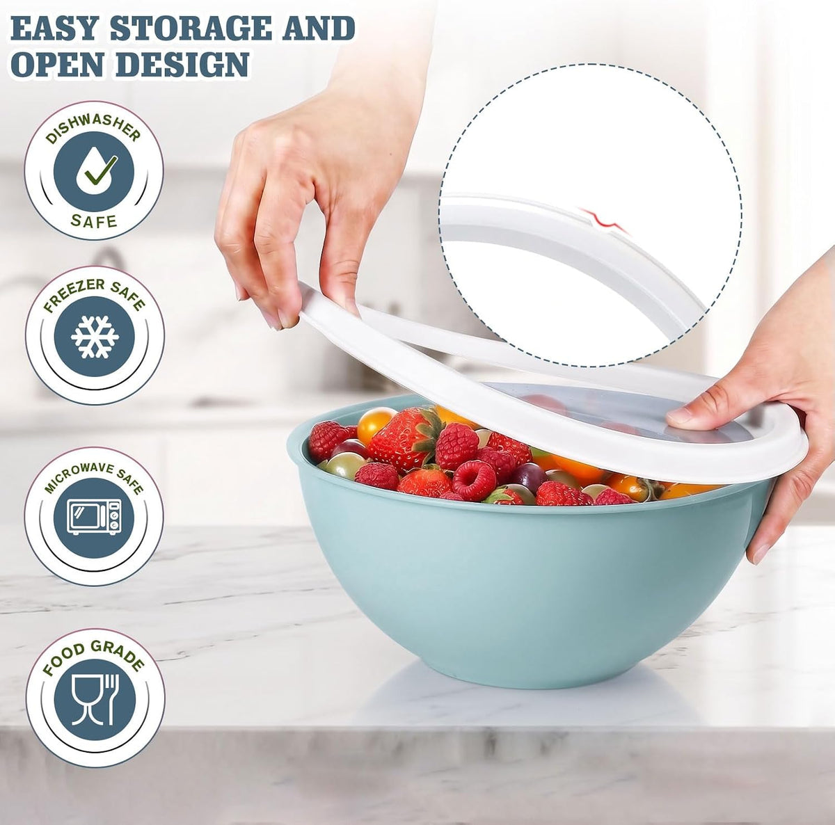 4-Piece Plastic Mixing Bowl Set with Lids for Kitchen, 67oz Lightweight Storage Bowls, Large Salad Bowls for Baking, Prepping, Cooking and Serving Food, Dishwasher & Microwave Safe