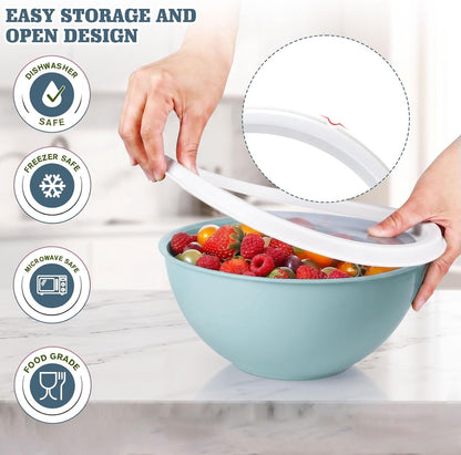 4-Piece Plastic Mixing Bowl Set with Lids for Kitchen, 67oz Lightweight Storage Bowls, Large Salad Bowls for Baking, Prepping, Cooking and Serving Food, Dishwasher & Microwave Safe