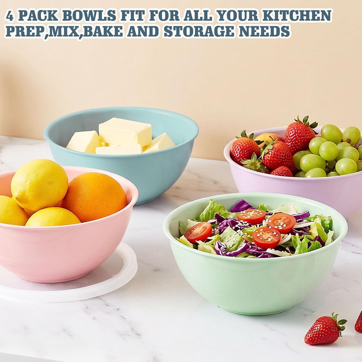4-Piece Plastic Mixing Bowl Set with Lids for Kitchen, 67oz Lightweight Storage Bowls, Large Salad Bowls for Baking, Prepping, Cooking and Serving Food, Dishwasher & Microwave Safe