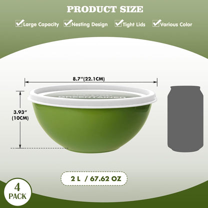 4-Piece Plastic Mixing Bowl Set with Lids for Kitchen, 67oz Lightweight Storage Bowls, Large Salad Bowls for Baking, Prepping, Cooking and Serving Food, Dishwasher & Microwave Safe