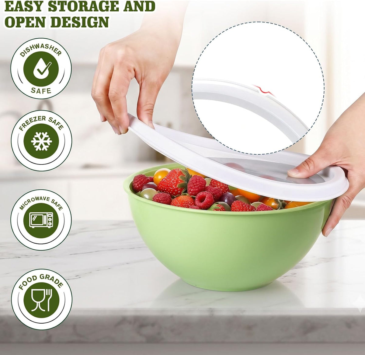 4-Piece Plastic Mixing Bowl Set with Lids for Kitchen, 67oz Lightweight Storage Bowls, Large Salad Bowls for Baking, Prepping, Cooking and Serving Food, Dishwasher & Microwave Safe