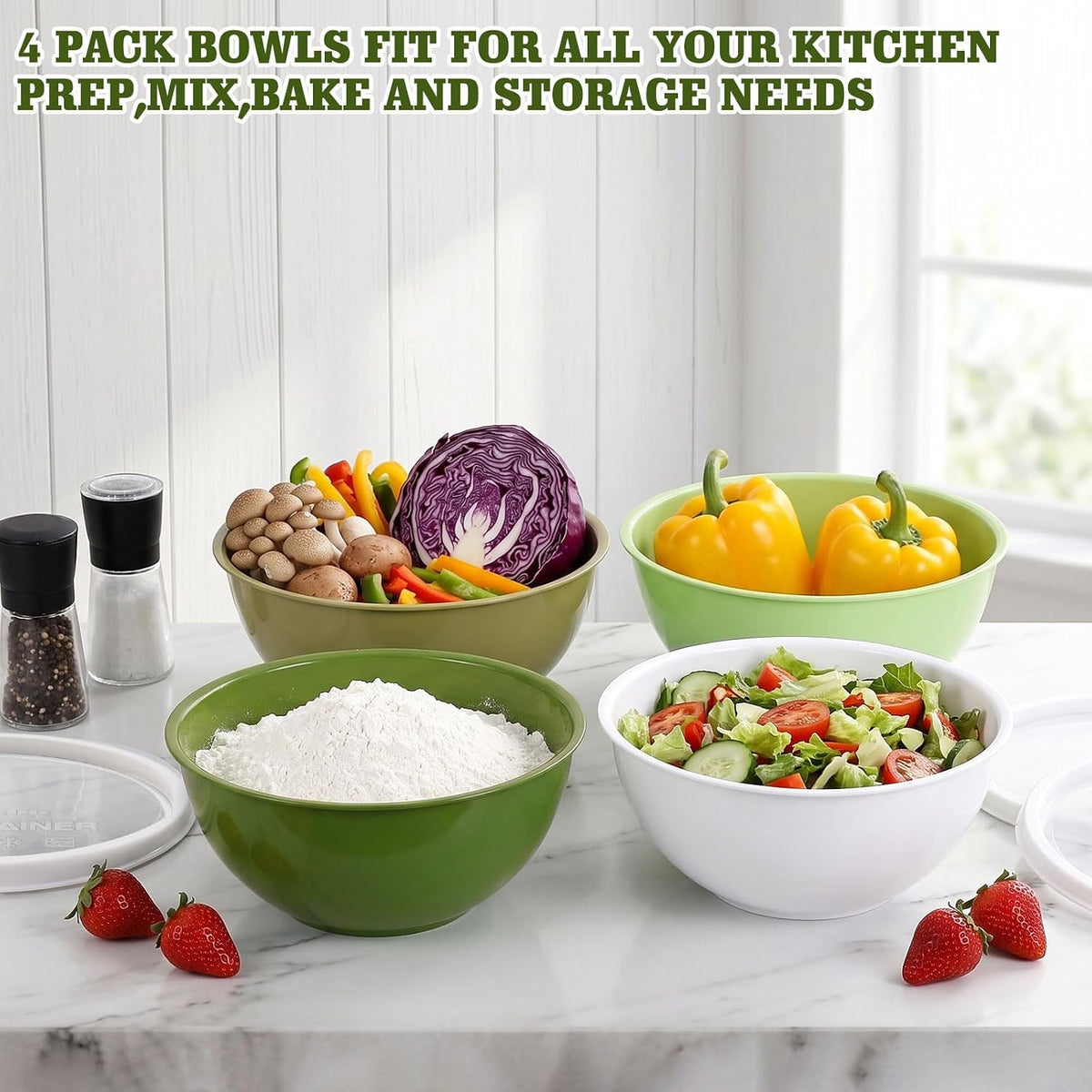 4-Piece Plastic Mixing Bowl Set with Lids for Kitchen, 67oz Lightweight Storage Bowls, Large Salad Bowls for Baking, Prepping, Cooking and Serving Food, Dishwasher & Microwave Safe