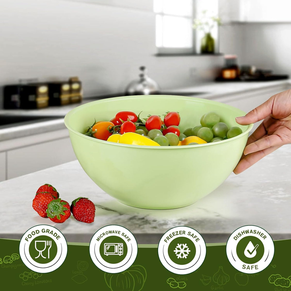 4-Piece Plastic Mixing Bowl Set with Lids for Kitchen, 67oz Lightweight Storage Bowls, Large Salad Bowls for Baking, Prepping, Cooking and Serving Food, Dishwasher & Microwave Safe