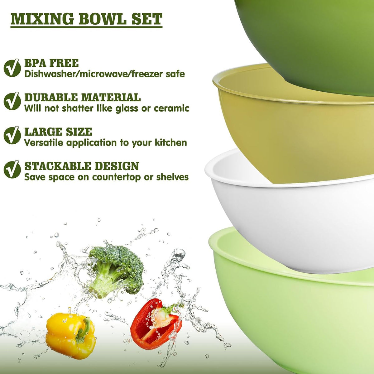 4-Piece Plastic Mixing Bowl Set with Lids for Kitchen, 67oz Lightweight Storage Bowls, Large Salad Bowls for Baking, Prepping, Cooking and Serving Food, Dishwasher & Microwave Safe