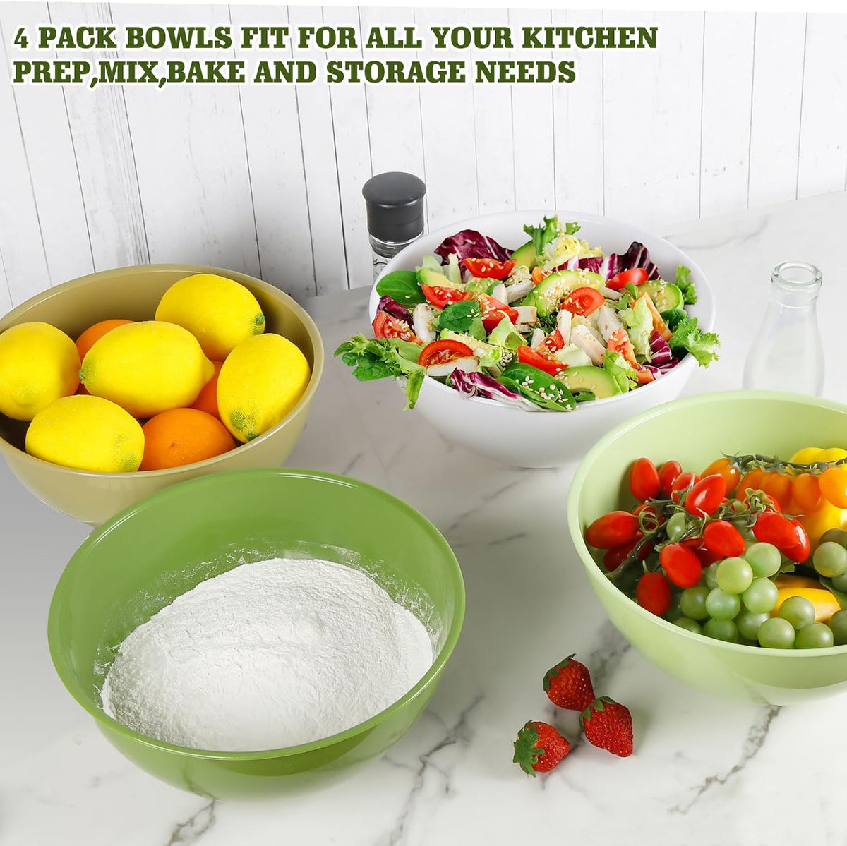 4-Piece Plastic Mixing Bowl Set with Lids for Kitchen, 67oz Lightweight Storage Bowls, Large Salad Bowls for Baking, Prepping, Cooking and Serving Food, Dishwasher & Microwave Safe