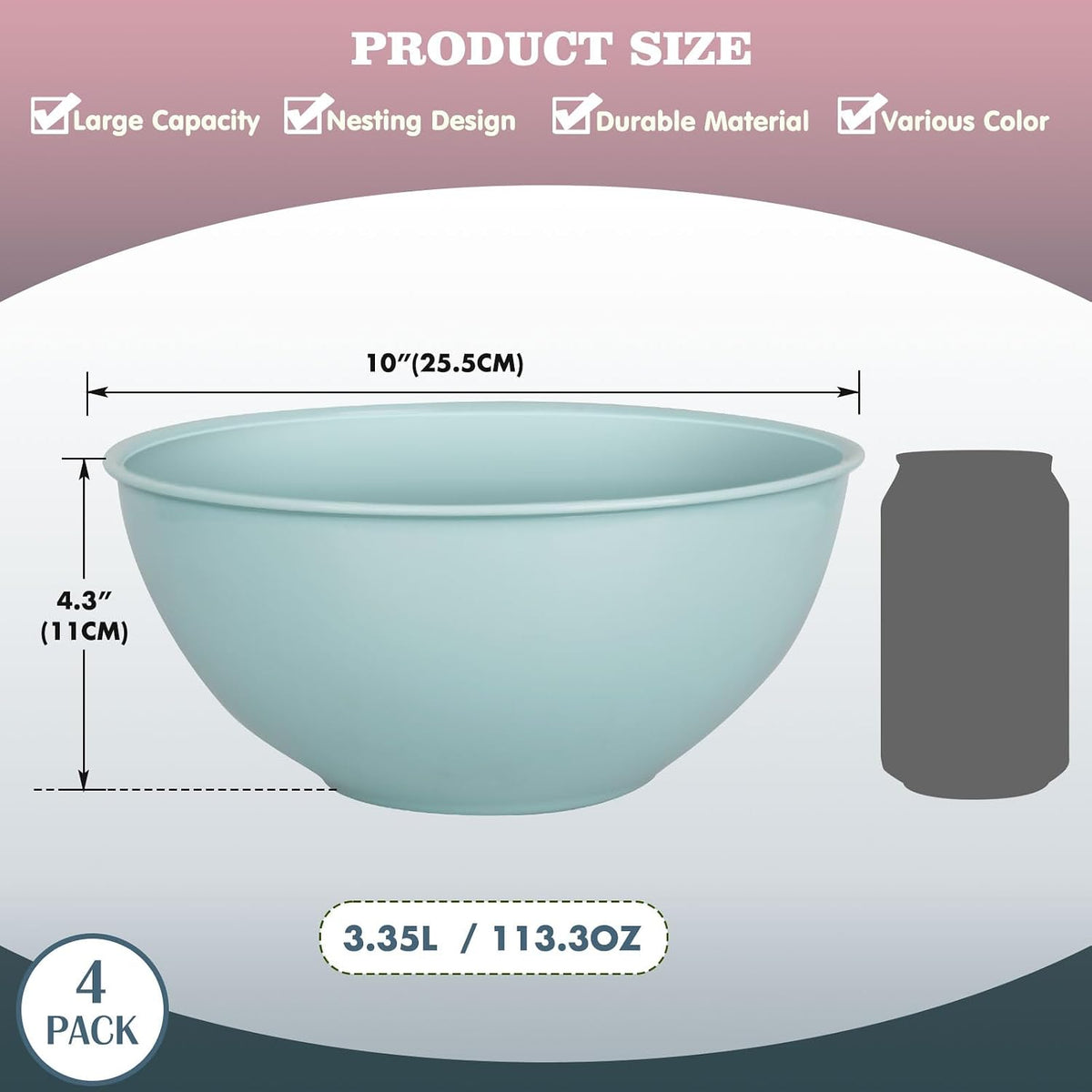 4-Piece Plastic Mixing Bowl Set with Lids for Kitchen, 67oz Lightweight Storage Bowls, Large Salad Bowls for Baking, Prepping, Cooking and Serving Food, Dishwasher & Microwave Safe