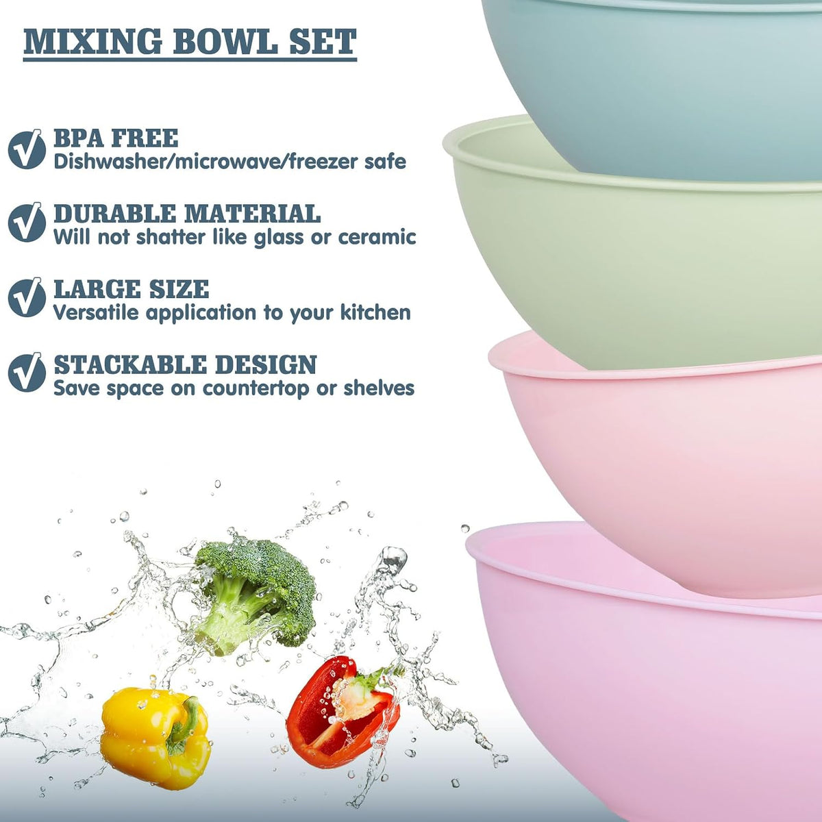 4-Piece Plastic Mixing Bowl Set with Lids for Kitchen, 67oz Lightweight Storage Bowls, Large Salad Bowls for Baking, Prepping, Cooking and Serving Food, Dishwasher & Microwave Safe