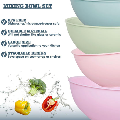 4-Piece Plastic Mixing Bowl Set with Lids for Kitchen, 67oz Lightweight Storage Bowls, Large Salad Bowls for Baking, Prepping, Cooking and Serving Food, Dishwasher & Microwave Safe