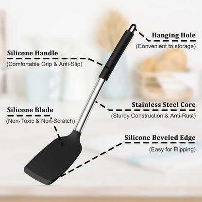 Cooking Utensils Set, 5 PCS Silicone Kitchen Utensils with Stainless Steel Handle, for Nonstick Cookware Flipping Frying Turning Draining, Heatproof & Healthy, Nonstick & Easy Clean, Black