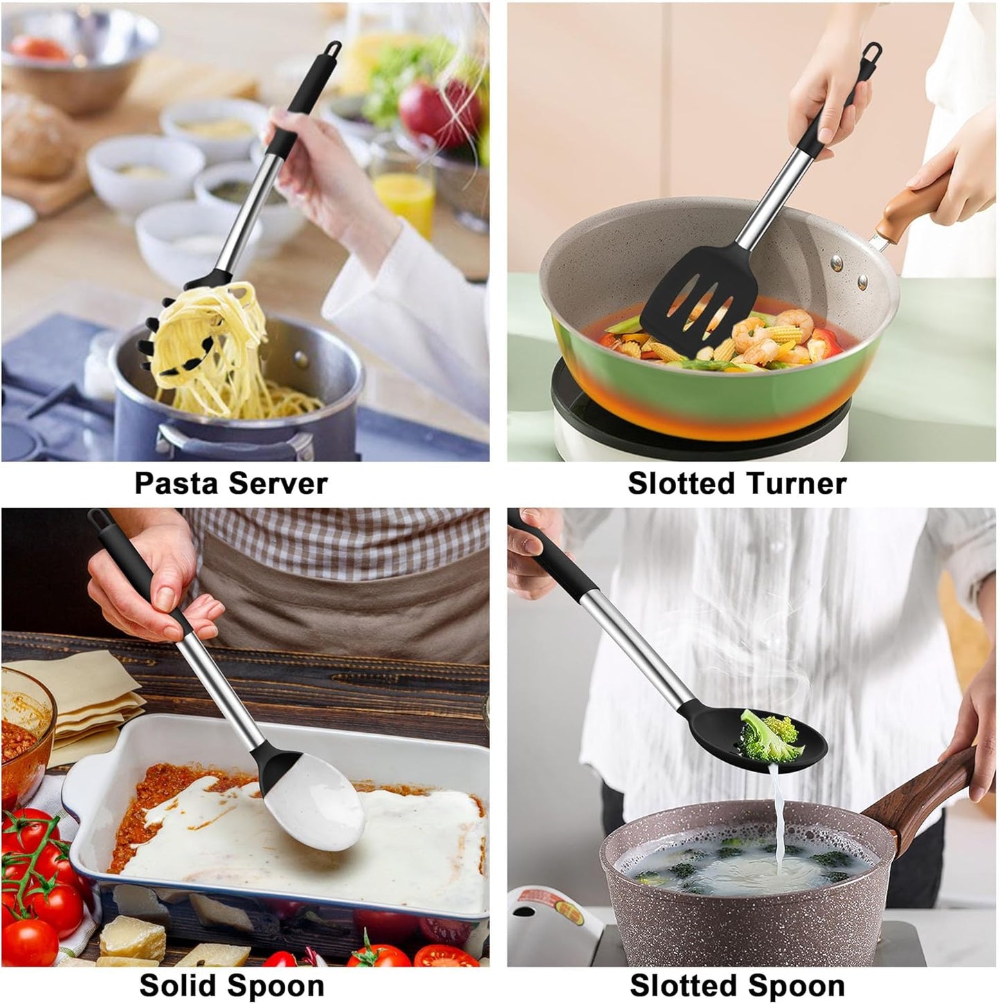 Cooking Utensils Set, 5 PCS Silicone Kitchen Utensils with Stainless Steel Handle, for Nonstick Cookware Flipping Frying Turning Draining, Heatproof & Healthy, Nonstick & Easy Clean, Black