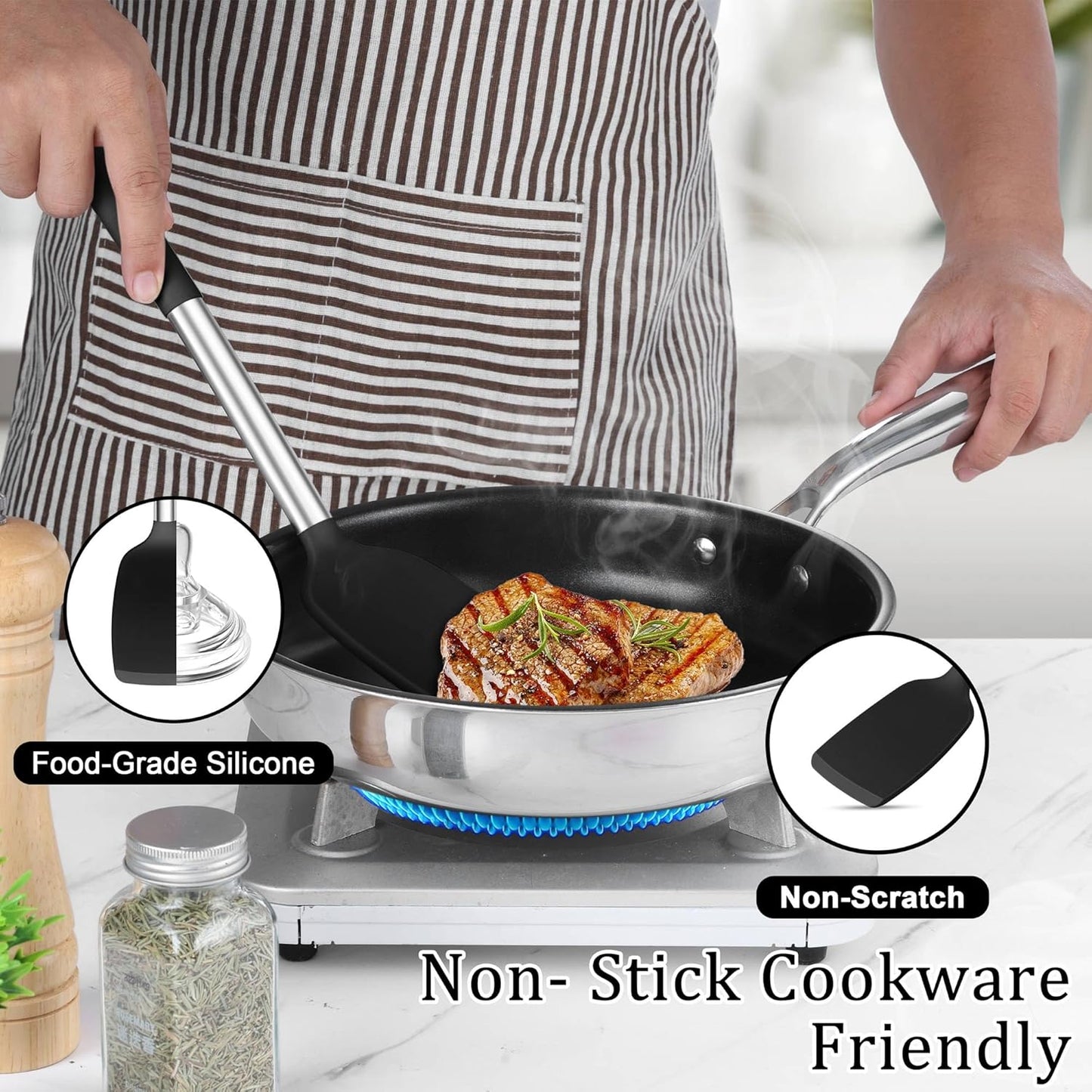 Cooking Utensils Set, 5 PCS Silicone Kitchen Utensils with Stainless Steel Handle, for Nonstick Cookware Flipping Frying Turning Draining, Heatproof & Healthy, Nonstick & Easy Clean, Black