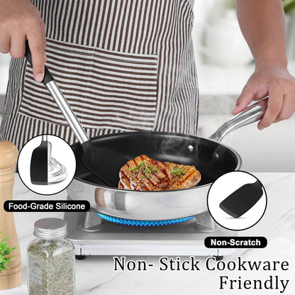 Cooking Utensils Set, 5 PCS Silicone Kitchen Utensils with Stainless Steel Handle, for Nonstick Cookware Flipping Frying Turning Draining, Heatproof & Healthy, Nonstick & Easy Clean, Black
