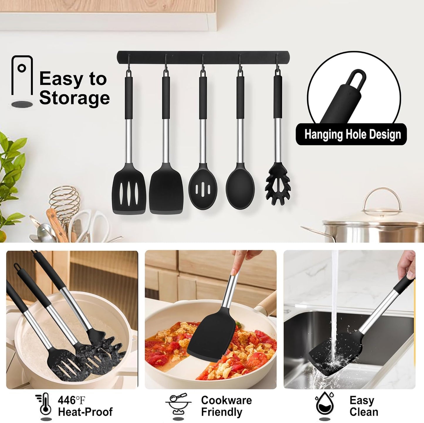 Cooking Utensils Set, 5 PCS Silicone Kitchen Utensils with Stainless Steel Handle, for Nonstick Cookware Flipping Frying Turning Draining, Heatproof & Healthy, Nonstick & Easy Clean, Black