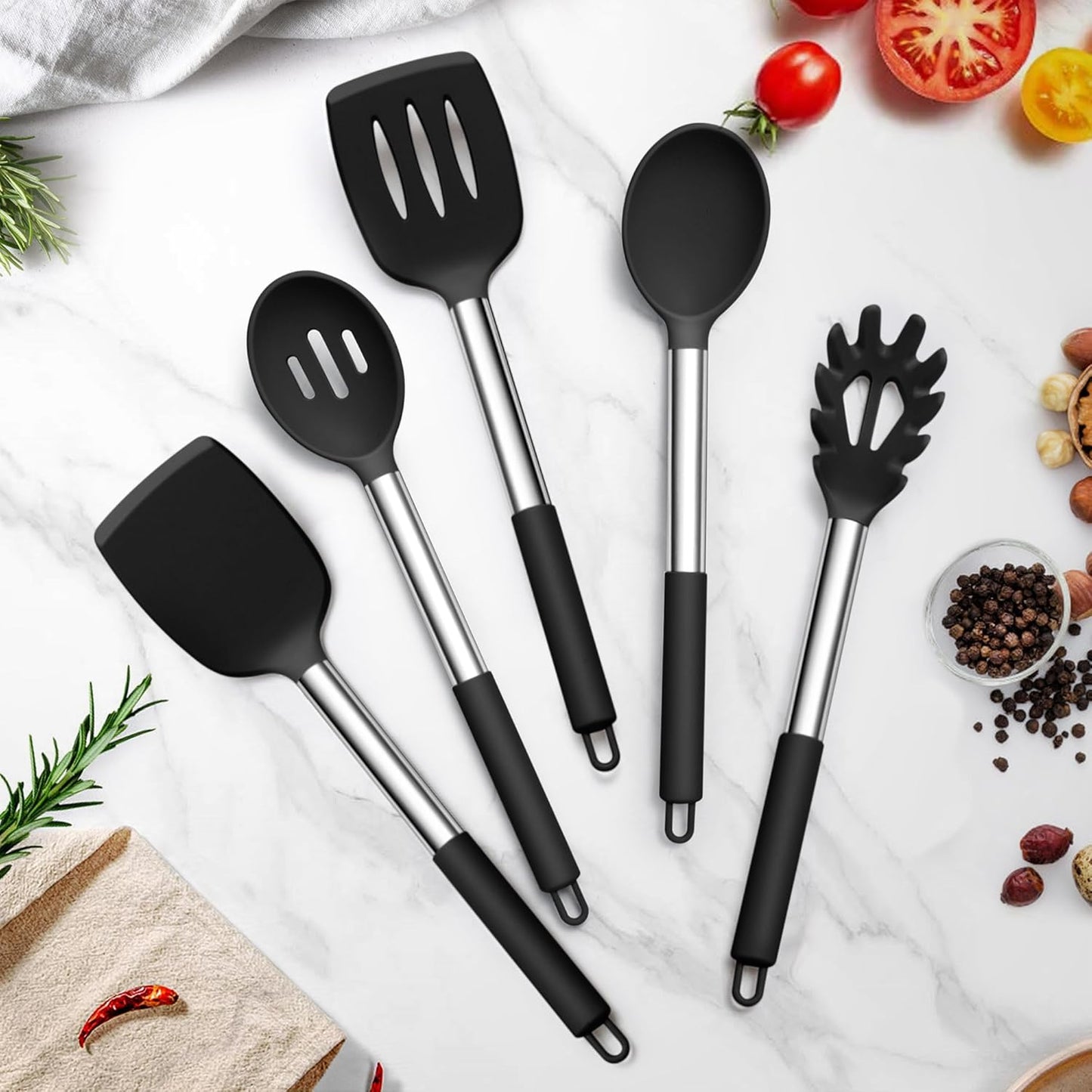 Cooking Utensils Set, 5 PCS Silicone Kitchen Utensils with Stainless Steel Handle, for Nonstick Cookware Flipping Frying Turning Draining, Heatproof & Healthy, Nonstick & Easy Clean, Black