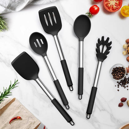 Cooking Utensils Set, 5 PCS Silicone Kitchen Utensils with Stainless Steel Handle, for Nonstick Cookware Flipping Frying Turning Draining, Heatproof & Healthy, Nonstick & Easy Clean, Black