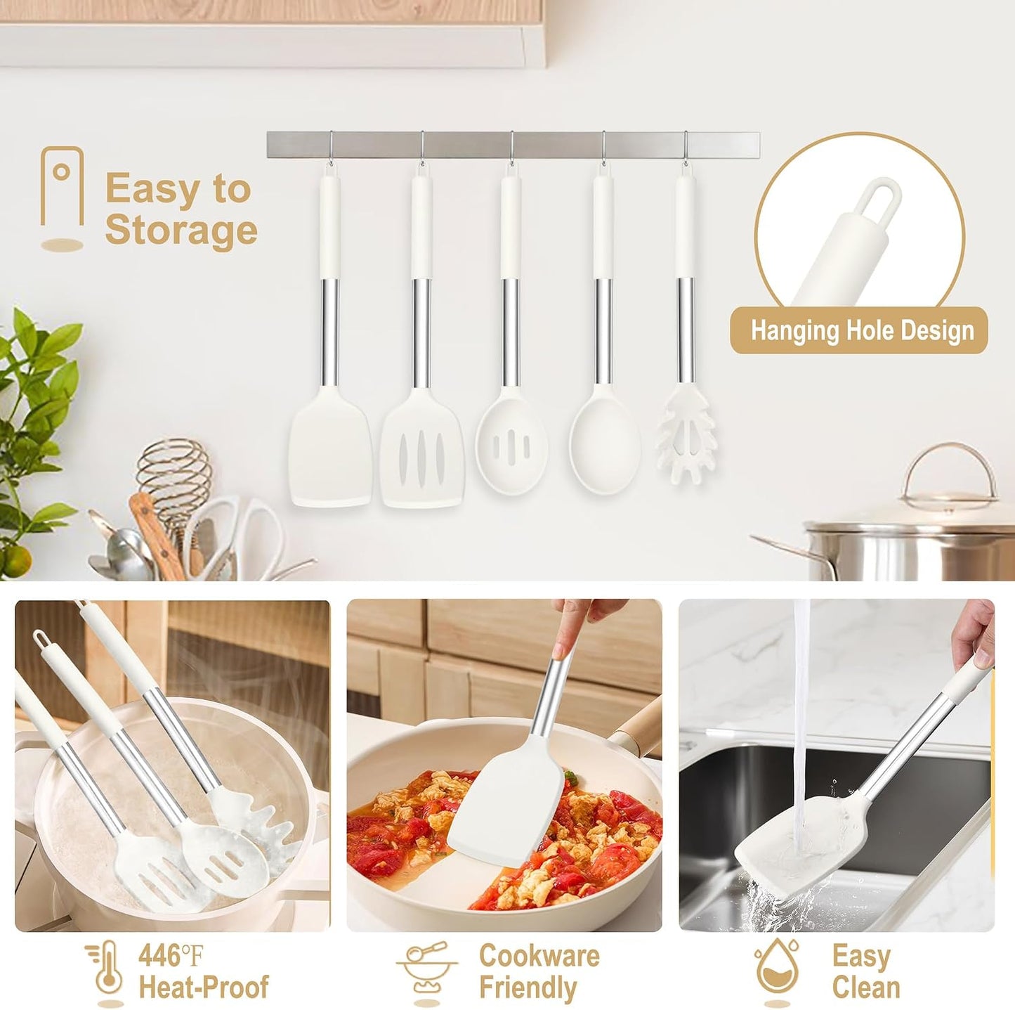 Cooking Utensils Set, 5 PCS Silicone Kitchen Utensils with Stainless Steel Handle, for Nonstick Cookware Flipping Frying Turning Draining, Heatproof & Healthy, Nonstick & Easy Clean, Black