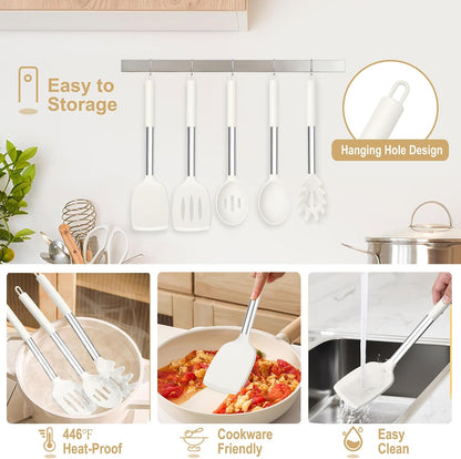 Cooking Utensils Set, 5 PCS Silicone Kitchen Utensils with Stainless Steel Handle, for Nonstick Cookware Flipping Frying Turning Draining, Heatproof & Healthy, Nonstick & Easy Clean, Black