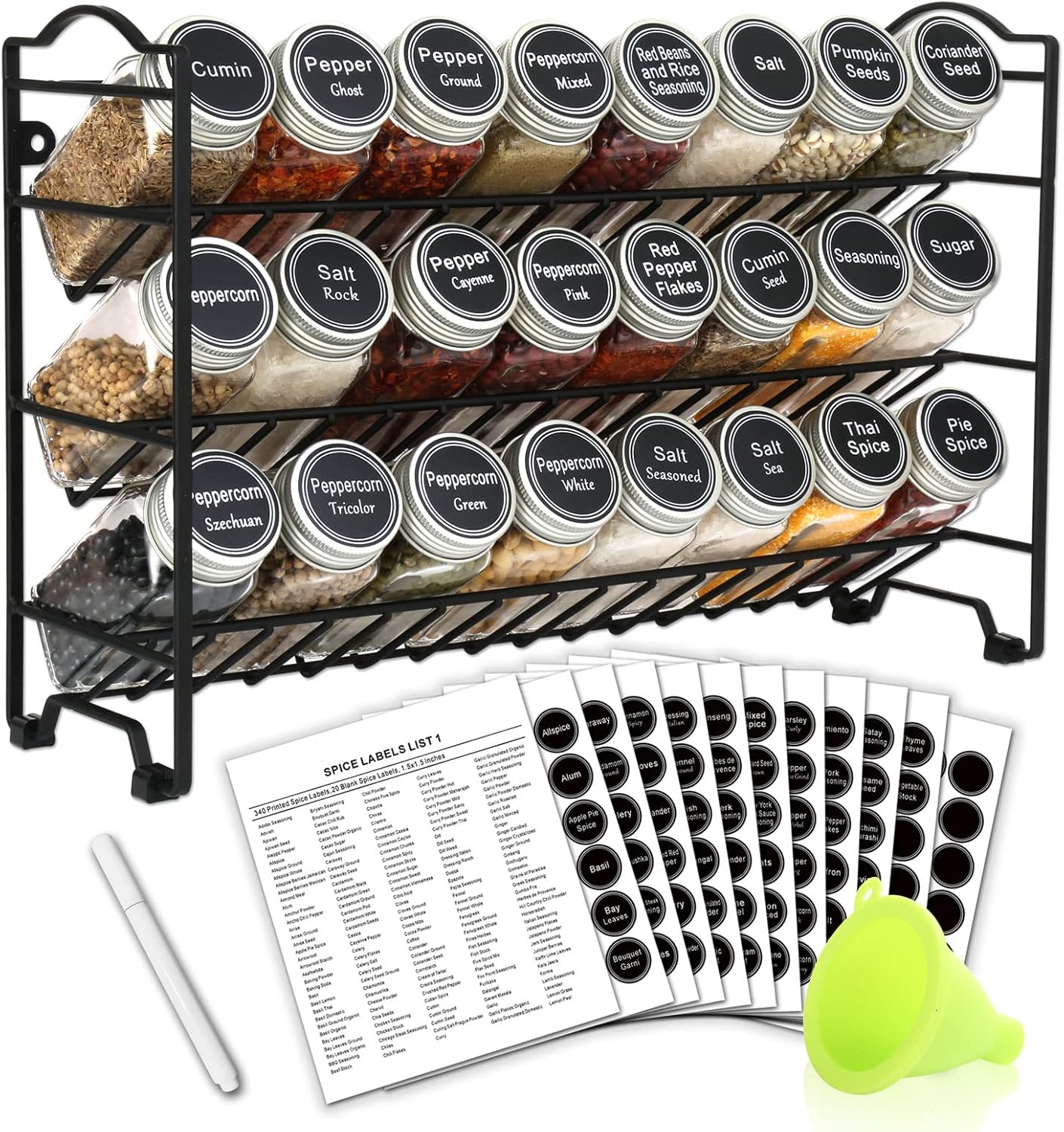 Spice Rack Organizer with 32 Glass Spice Jars, 396 Spice Labels, Chalk Marker and Funnel Complete Set, for Cabinet, Countertop, Cupboard or Wall Mount, Black