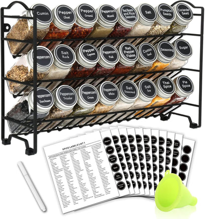 Spice Rack Organizer with 32 Glass Spice Jars, 396 Spice Labels, Chalk Marker and Funnel Complete Set, for Cabinet, Countertop, Cupboard or Wall Mount, Black
