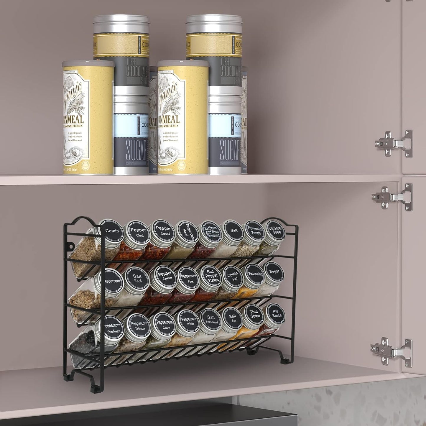 Spice Rack Organizer with 32 Glass Spice Jars, 396 Spice Labels, Chalk Marker and Funnel Complete Set, for Cabinet, Countertop, Cupboard or Wall Mount, Black