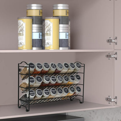 Spice Rack Organizer with 32 Glass Spice Jars, 396 Spice Labels, Chalk Marker and Funnel Complete Set, for Cabinet, Countertop, Cupboard or Wall Mount, Black