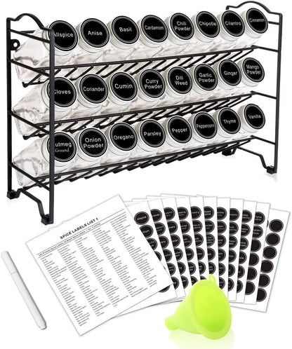 Spice Rack Organizer with 32 Glass Spice Jars, 396 Spice Labels, Chalk Marker and Funnel Complete Set, for Cabinet, Countertop, Cupboard or Wall Mount, Black