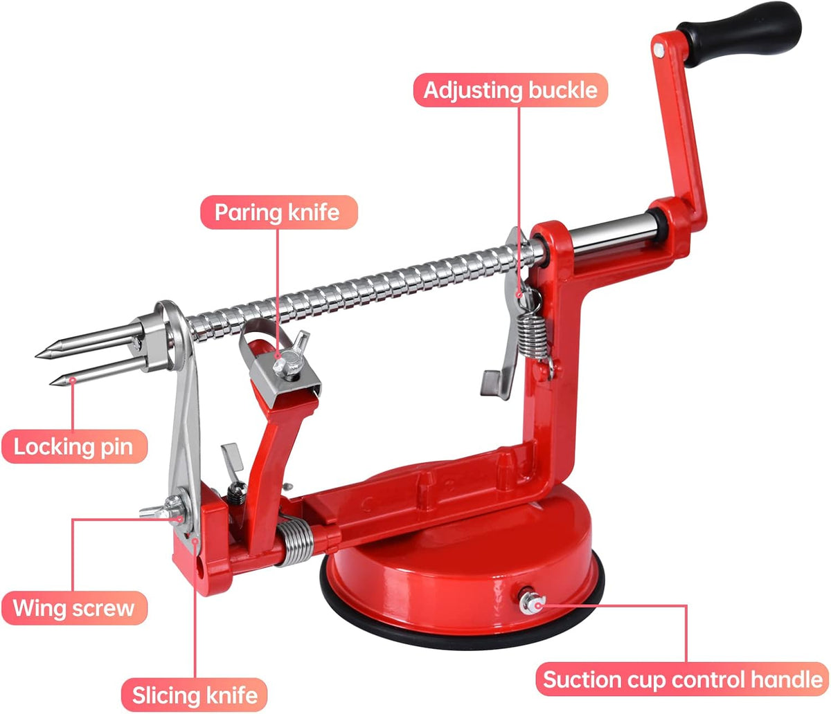 Apple Peeler, Slicer Corer Potato Peelers 3 In 1, Stainless Steel Heavy Duty with Suction Cup Base (Red)