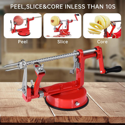 Apple Peeler, Slicer Corer Potato Peelers 3 In 1, Stainless Steel Heavy Duty with Suction Cup Base (Red)