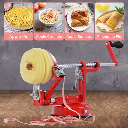 Apple Peeler, Slicer Corer Potato Peelers 3 In 1, Stainless Steel Heavy Duty with Suction Cup Base (Red)