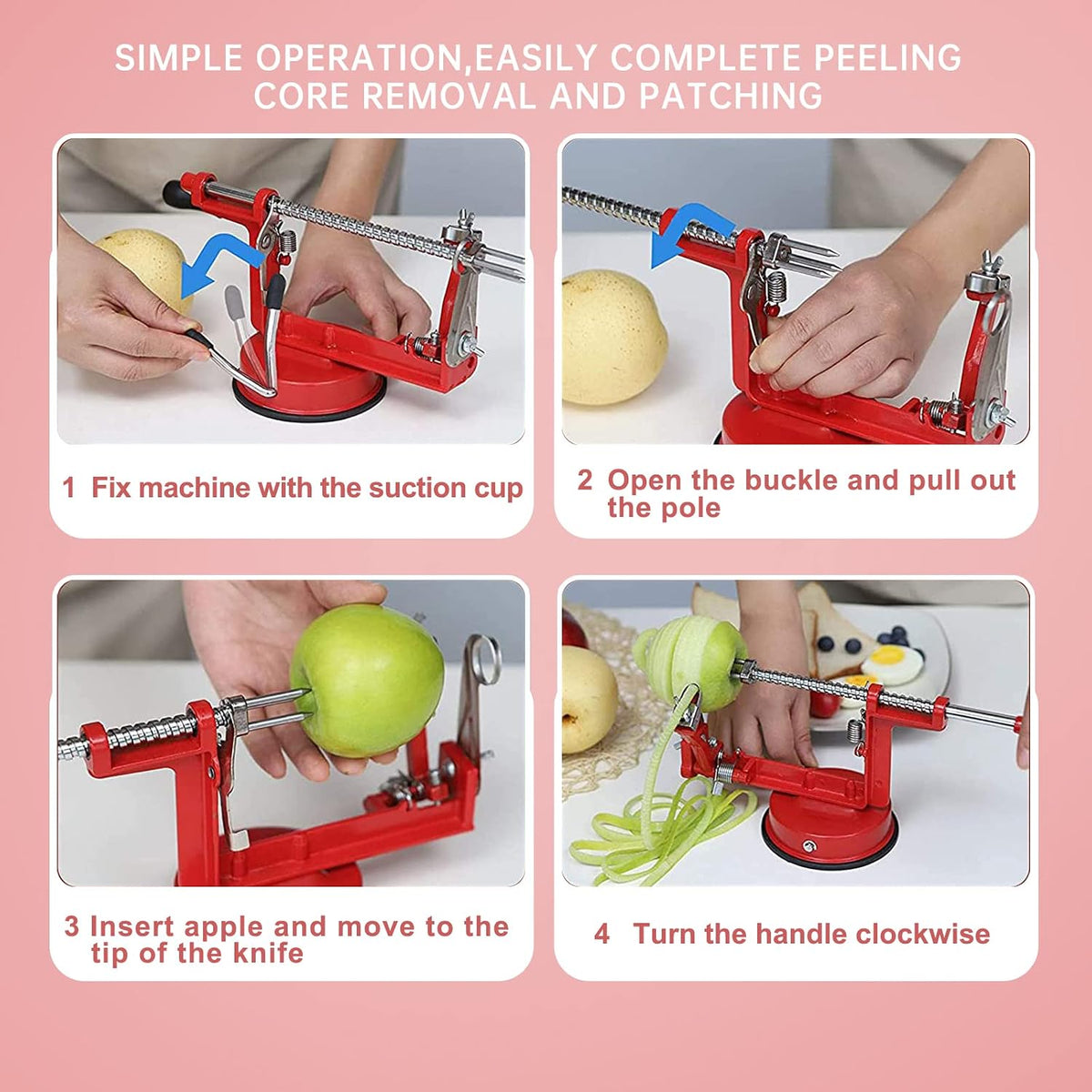 Apple Peeler, Slicer Corer Potato Peelers 3 In 1, Stainless Steel Heavy Duty with Suction Cup Base (Red)
