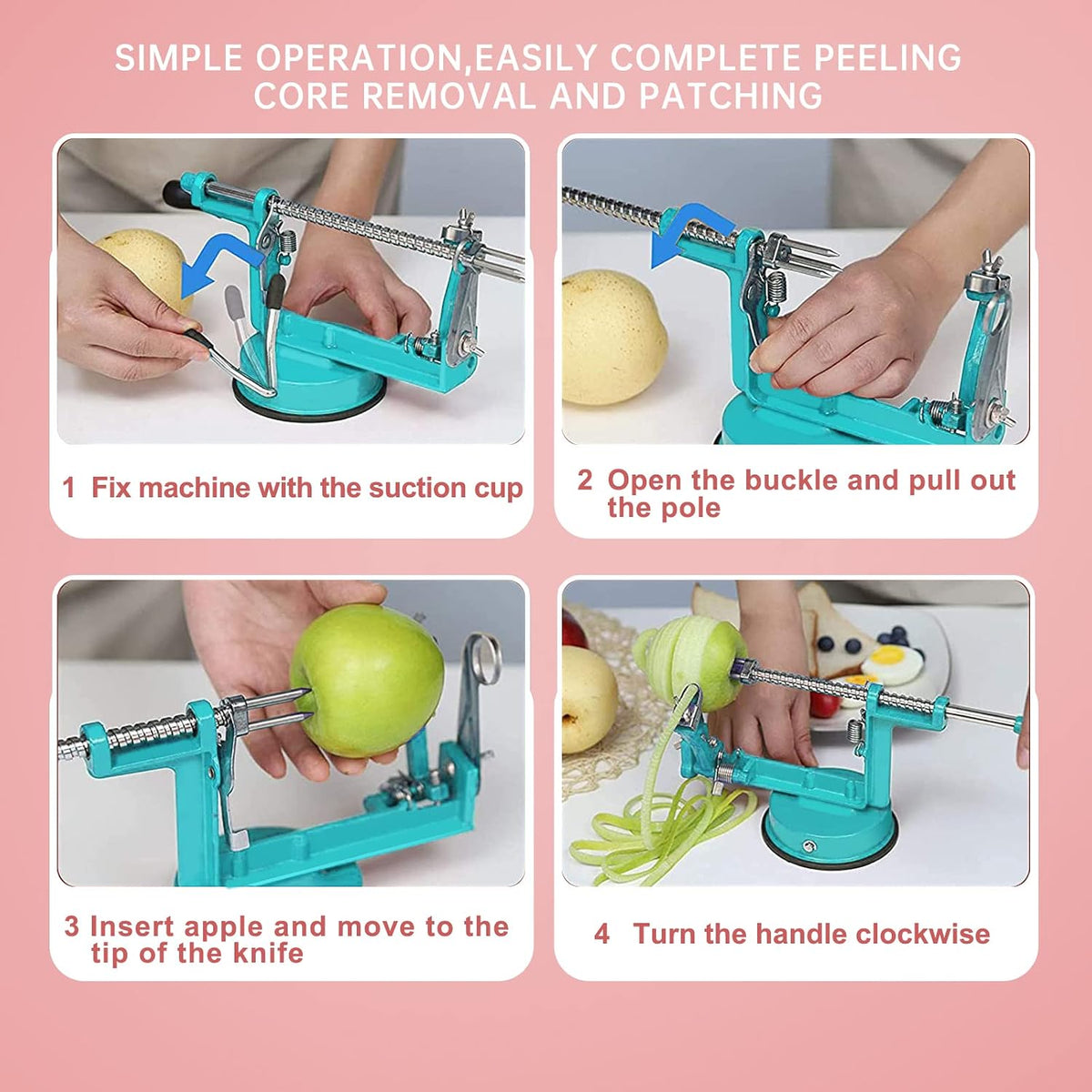 Apple Peeler, Slicer Corer Potato Peelers 3 In 1, Stainless Steel Heavy Duty with Suction Cup Base (Red)