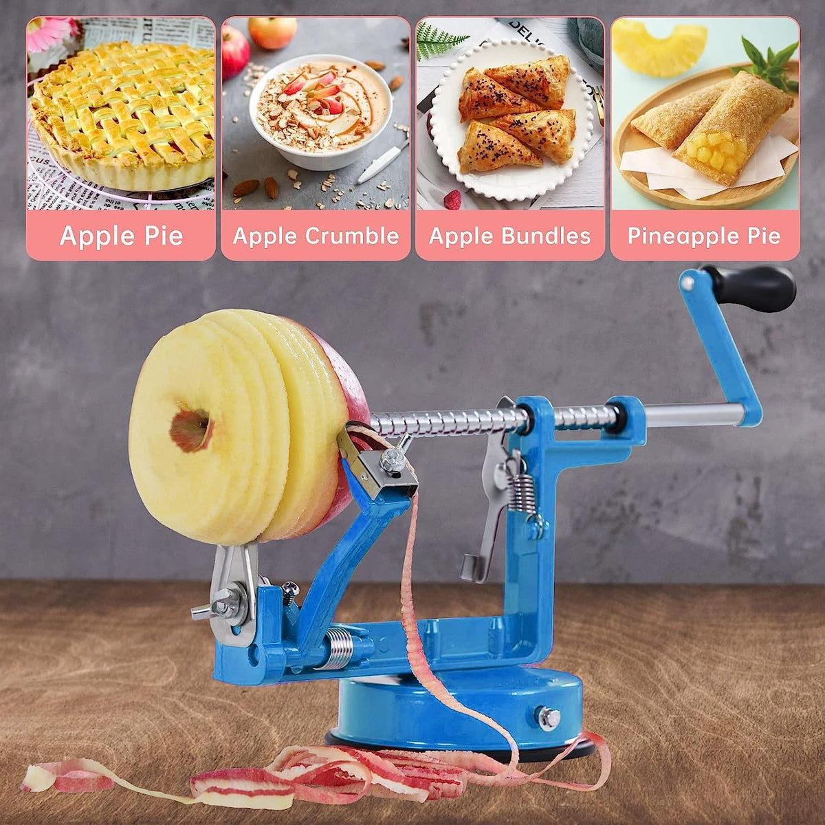 Apple Peeler, Slicer Corer Potato Peelers 3 In 1, Stainless Steel Heavy Duty with Suction Cup Base (Red)
