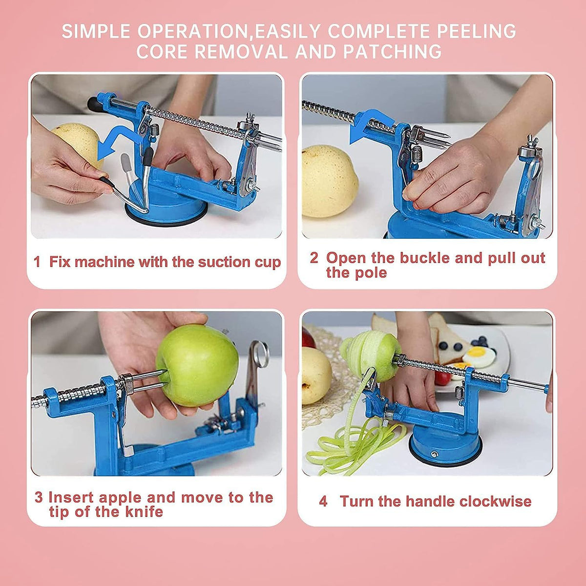 Apple Peeler, Slicer Corer Potato Peelers 3 In 1, Stainless Steel Heavy Duty with Suction Cup Base (Red)