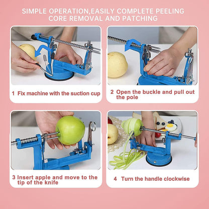 Apple Peeler, Slicer Corer Potato Peelers 3 In 1, Stainless Steel Heavy Duty with Suction Cup Base (Red)