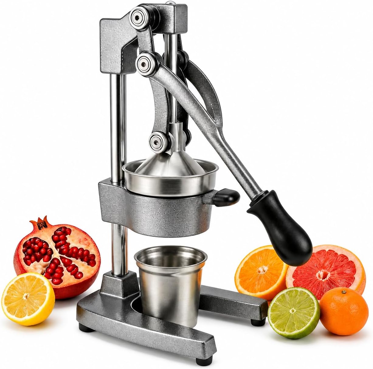 Cast Iron Citrus Juicer Hand Press, Heavy Duty Manual Orange Juicer Squeezer with 304 Stainless Steel Cup & Strainer, Lemon Grapefruit Pomegranate Press, Grey
