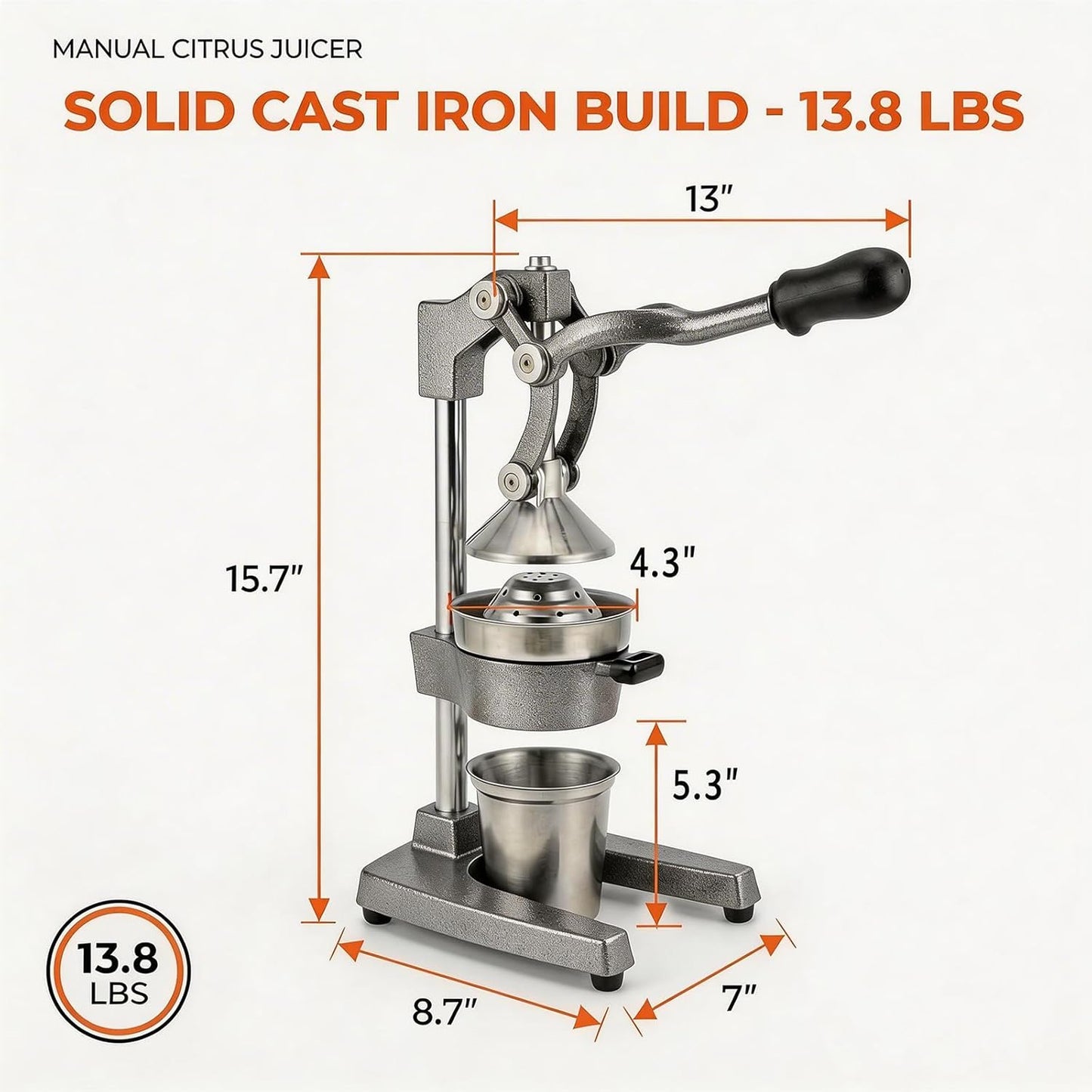 Cast Iron Citrus Juicer Hand Press, Heavy Duty Manual Orange Juicer Squeezer with 304 Stainless Steel Cup & Strainer, Lemon Grapefruit Pomegranate Press, Grey