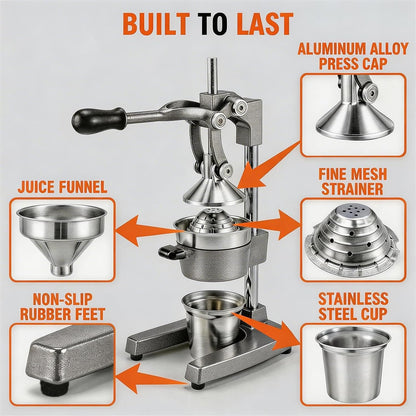 Cast Iron Citrus Juicer Hand Press, Heavy Duty Manual Orange Juicer Squeezer with 304 Stainless Steel Cup & Strainer, Lemon Grapefruit Pomegranate Press, Grey