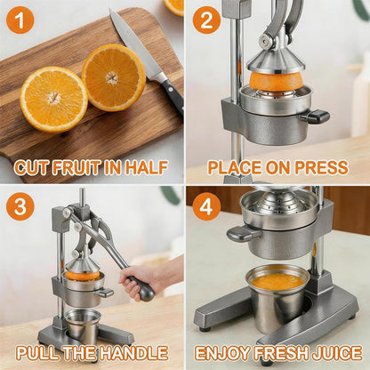 Cast Iron Citrus Juicer Hand Press, Heavy Duty Manual Orange Juicer Squeezer with 304 Stainless Steel Cup & Strainer, Lemon Grapefruit Pomegranate Press, Grey