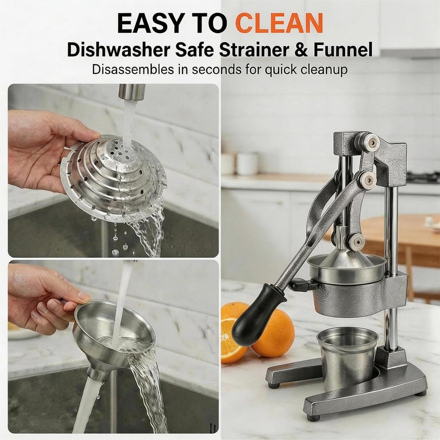 Cast Iron Citrus Juicer Hand Press, Heavy Duty Manual Orange Juicer Squeezer with 304 Stainless Steel Cup & Strainer, Lemon Grapefruit Pomegranate Press, Grey