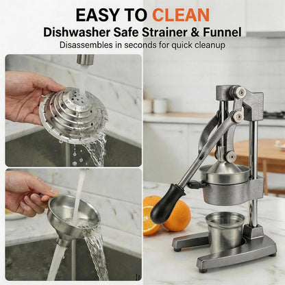 Cast Iron Citrus Juicer Hand Press, Heavy Duty Manual Orange Juicer Squeezer with 304 Stainless Steel Cup & Strainer, Lemon Grapefruit Pomegranate Press, Grey