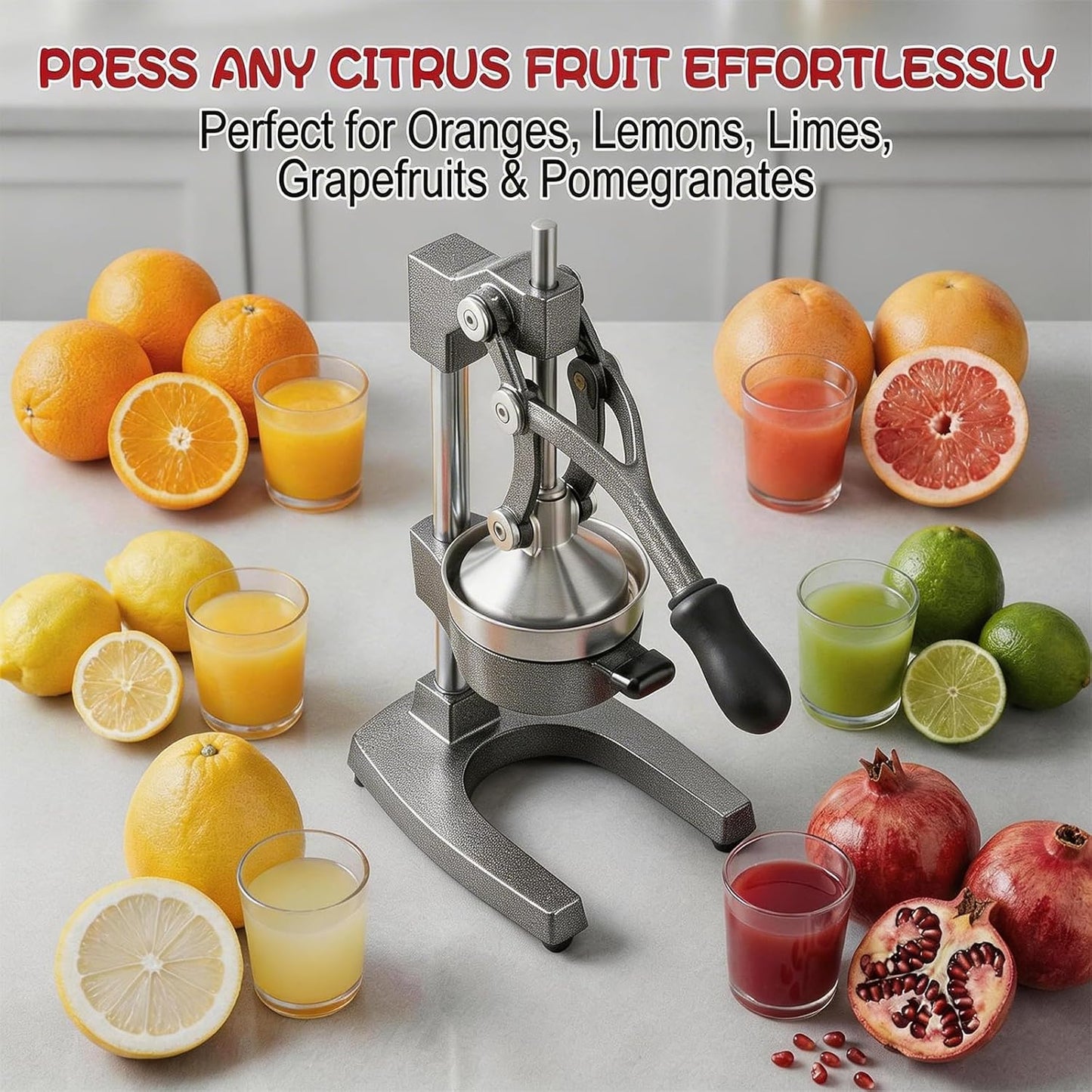 Cast Iron Citrus Juicer Hand Press, Heavy Duty Manual Orange Juicer Squeezer with 304 Stainless Steel Cup & Strainer, Lemon Grapefruit Pomegranate Press, Grey